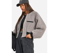 boohoo Women's Contrast Rib Teddy Bomber Jacket in Grey | Size: 14