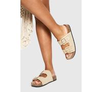 boohoo Women's Contrast Stitch Detail Double Buckle Sliders in Taupe | Size: 8