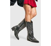 boohoo Women's Contrast Stitching Western Cowboy Boots in Black | Size: 3