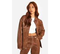boohoo Women's Contrast Trim Vintage Look Faux Leather Jacket in Brown | Size: 10