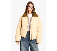 boohoo Women's Cord Contrast Collar Puffer Jacket in Stone | Size: 10
