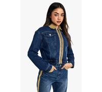 boohoo Women's Cord Trim Detail Fitted Denim Jacket in Mid Blue | Size: 14