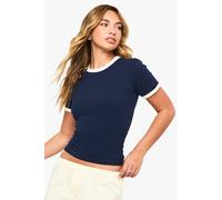 boohoo Women's Cotton Contrast Ringer Baby T-Shirt in Navy | Size: 16