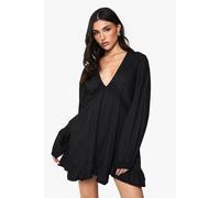 boohoo Women's Cotton Lace Trim Long Sleeve Smock Dress in Black | Size: 10