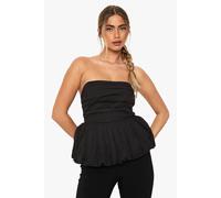 boohoo Women's Cotton Poplin Puffball Bandeau Top in Black | Size: 10