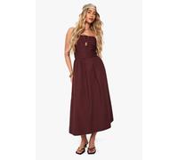 boohoo Women's Cotton Poplin Ruched Detail Midi Dress in Chocolate | Size: 8