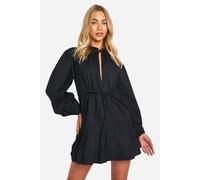 boohoo Women's Cotton Poplin Ruched Smock Dress in Black | Size: 12