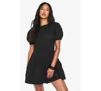boohoo Women's Cotton Poplin Shirred Mini Dress in Black | Size: 14
