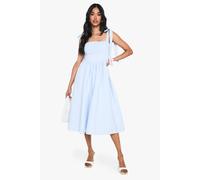 boohoo Women's Cotton Ruched Bust Shoulder Tie Midi Dress in Light Blue | Size: 18
