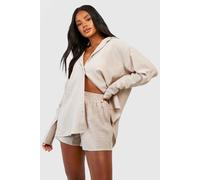 boohoo Women's Cotton Tonal Pinstripe Pyjama Short in Stone | Size: 12