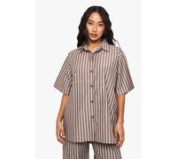 boohoo Women's Cotton Tonal Stripe Oversized Pyjama Short Sleeve Shirt in Chocolate | Size: 6