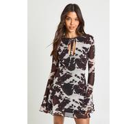 boohoo Women's Cow Print Mesh Flare Sleeve Keyhole Mini Dress in Chocolate | Size: 8