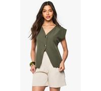 boohoo Women's Crepe Gold Button Detail V Neck Waistcoat in Khaki | Size: 12