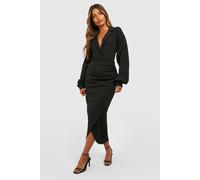 boohoo Women's Crepe Volume Sleeve Wrap Front Midaxi Shirt Dress in Black | Size: 14