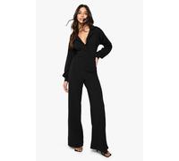 boohoo Women's Crepe Volume Sleeve Wrap Front Wide Leg Jumpsuit in Black | Size: 8