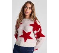 boohoo Women's Crew Neck Fluffy Knit Star Print Jumper in Red | Size: Large