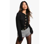 boohoo Women's Crew Neck Puff Sleeve Soft Knit Micro Cardigan in Black | Size: Medium