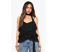 boohoo Women's Crinkle Chiffon Ruffle Scarf Cami in Black | Size: 12