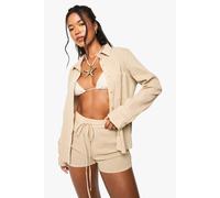 boohoo Women's Crinkle Cotton Beach Shirt in Beige | Size: Large