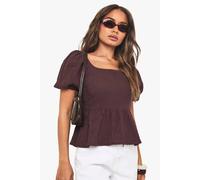 boohoo Women's Crinkle Cotton Puff Sleeve Shirred Crop Top in Chocolate | Size: 14