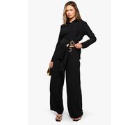 boohoo Women's Crinkle Crepe Gold Trim Wide Leg Trouser in Black | Size: 16