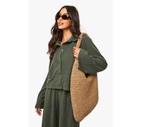 boohoo Women's Crinkle Rib Button Through Boxy Shirt in Khaki | Size: 14