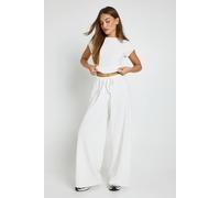 boohoo Women's Crinkle Rib Wide Leg Trouser in Cream | Size: 6