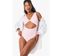 boohoo Women's Crinkle Stripe Knot Front Swimsuit in Pink | Size: 8