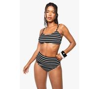 boohoo Women's Crinkle Stripe Scoop Bikini Top & High Leg Bikini Bottoms Set in Black | Size: 6