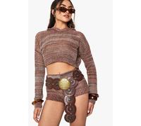 boohoo Women's Crochet Lightweight Hooded Jumper in Brown | Size: Small
