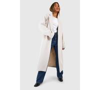 boohoo Women's Cuff Detail Belted Textured Wool Look Coat in Stone | Size: 10