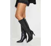 boohoo Women's Curved Knee High Croc Stiletto Boots in Black | Size: 5