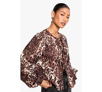boohoo Women's Dark Leopard Tie Front Puff Long Sleeve Smock Top | Size: 8