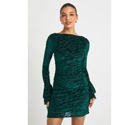 boohoo Women's Devore Flare Sleeve Open Back Mini Dress in Green | Size: 12