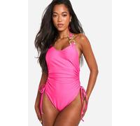 boohoo Women's Diamante Gold Trim Ruched Swimsuit in Pink | Size: 6