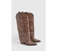 boohoo Women's Distressed Western Heeled Cowboy Boot in Brown | Size: 3