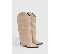 boohoo Women's Distressed Western Heeled Cowboy Boots in Taupe | Size: 3