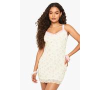 boohoo Women's Ditsy Floral Contrast Lace Trim Mesh Slip Dress in Lemon | Size: 14