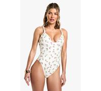 boohoo Women's Ditsy Floral Print Knot Detail Plunge Swimsuit in Cream | Size: 14