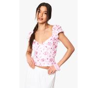 boohoo Women's Ditsy Print Broidery Frill Sleeve Milkmaid Top in Pink | Size: 14