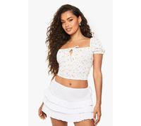 boohoo Women's Ditsy Print Jersey Tie Front Milkamid Top in White | Size: 10