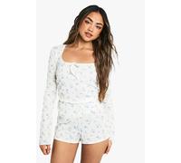 boohoo Women's Ditsy Print Rib Flippy Shorts in White | Size: 14