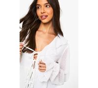 boohoo Women's Dobby Mesh Tie Ruffle Blouse in Ivory | Size: 12