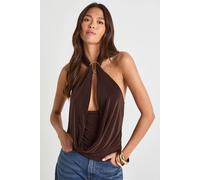 boohoo Women's Double Layer Slinky O Ring Halterneck Top With Cowl Detail in Chocolate | Size: 14