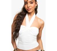 boohoo Women's Double Layer Slinky Ruched Bust Halter Top in White | Size: 14