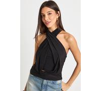 boohoo Women's Double Layer Slinky Scarf Neck With Cowl Detail in Black | Size: 14
