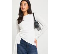 boohoo Women's Double Layered Textured Mesh Drape Front Long Sleeve Top in White | Size: 16