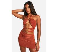boohoo Women's Double Slinky Cut Out Halter Neck Top & Mini Skirt in Rust | Size: 14