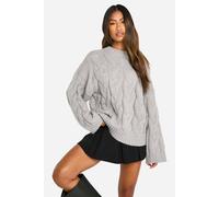 boohoo Women's Drop Shoulder All Over Cable Oversized Jumper in Grey Marl | Size: Small