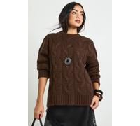 boohoo Women's Drop Shoulder All Over Cable Oversized Knitted Jumper in Chocolate | Size: Small